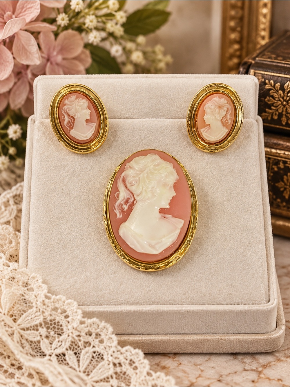 Cameo Brooch & Clip On Earrings Set Pink Ivory & Gold Tones Vintage Jewelry